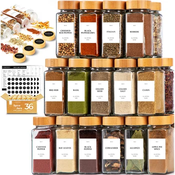 Wholesale Glass Spice Jars With Label And Organizer Reusable Empty Glass Spice Containers with Bamboo Lid