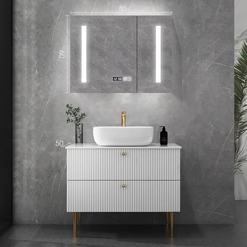 product custom modern luxury curved floor standing bathroom cabinet bathroom fluted textured vanity with sink smart led mirror-8
