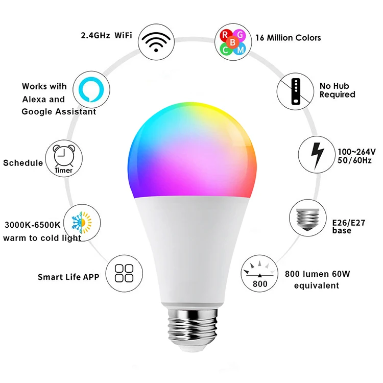 Tuya Smart Light Bulb 800lm Wifi Smart Bulb Rgb Colorful Ul Smart Lamp