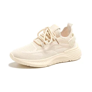 Women's White Flying Woven Summer Running Shoes Made China Breathable Platform Elastic Sole Simple Net Design for Spring Autumn