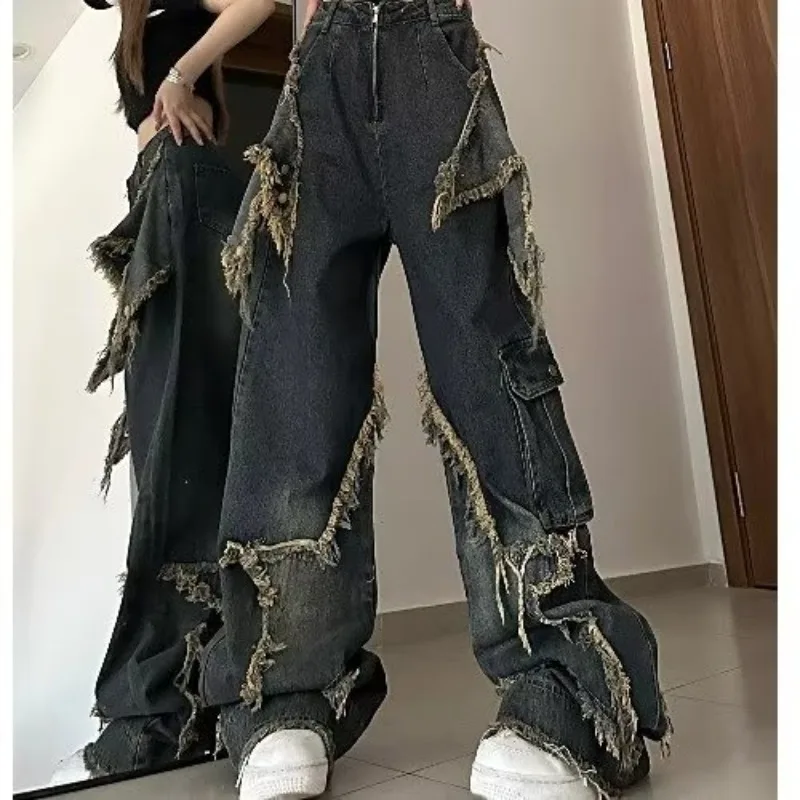 American Vintage Mid Loose Slim Denim Jeans Women Spring Design Frayed Hems Floor-Length Straight-Leg Wide-Leg Trendy Pants