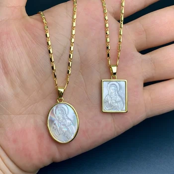 Religions Christian Jesus Necklace Female Square Oval White Mother of Pearl Shell Pendant For Women Fashion Jewelry Wholesale