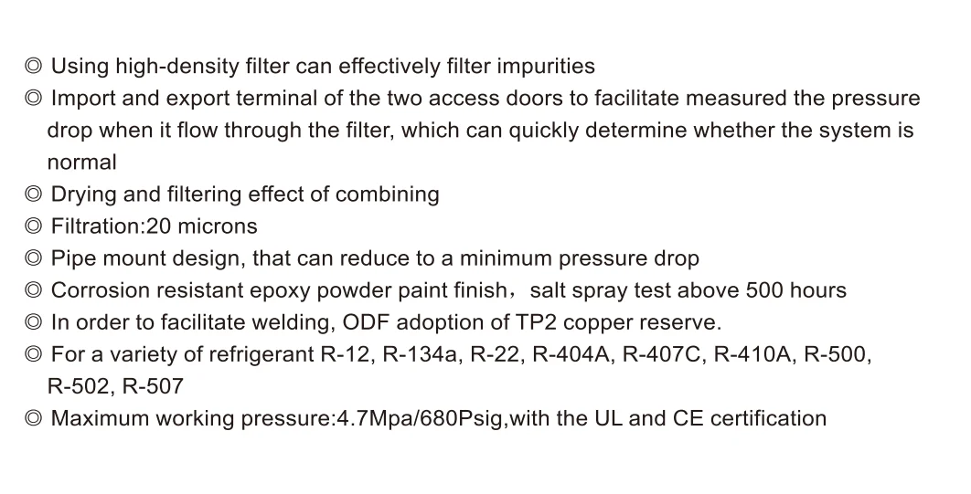 1.10SFX Refrigeration HVAC Parts Wholesale SAE or ODF R134a R12, R404a, R407a Molecular Sieve Liquid SuctionI Line Filter Drier