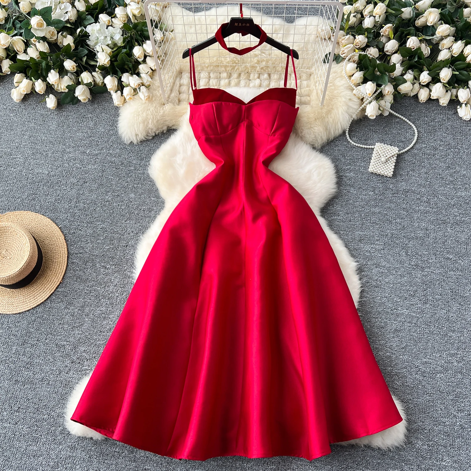 Summer Elegant Tunic Slim Casual Midi Dress for Women Sleeveless Lace Dress  Red Black White