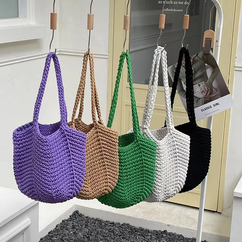 Women Tote Bag Solid Color Crochet Large Capacity Knitted Bag