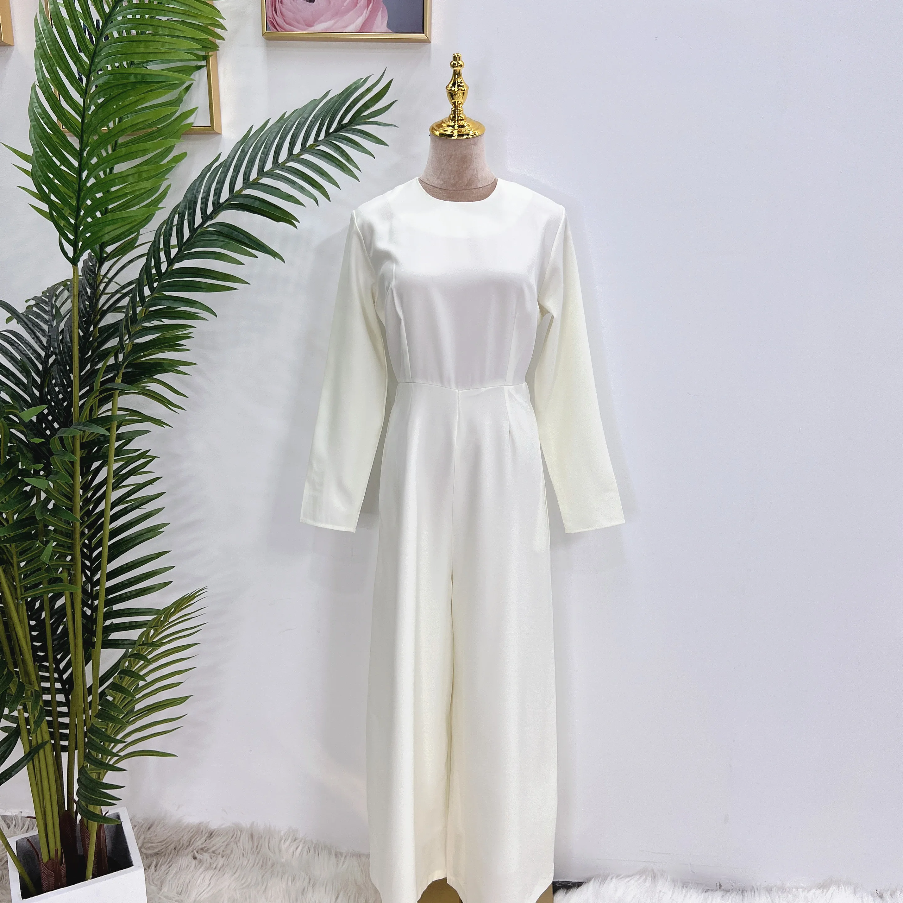 2023 New Modest Islamic Clothes Solid Color Wide Leg Pants Women Jumpsuits for Muslim Ladies