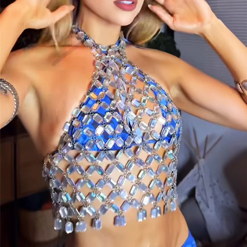 Handmade Sexy Halter Neck Green Crop Top Crystal Jewel Vest Silver AB Rhinestone Body Chain