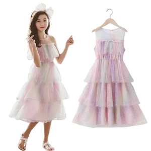 Summer 2021 Korean Version Children Fairy Sequined Rainbow Lace Printing Princess Skirt Sleeveless Net Skirt Big Girl Dress