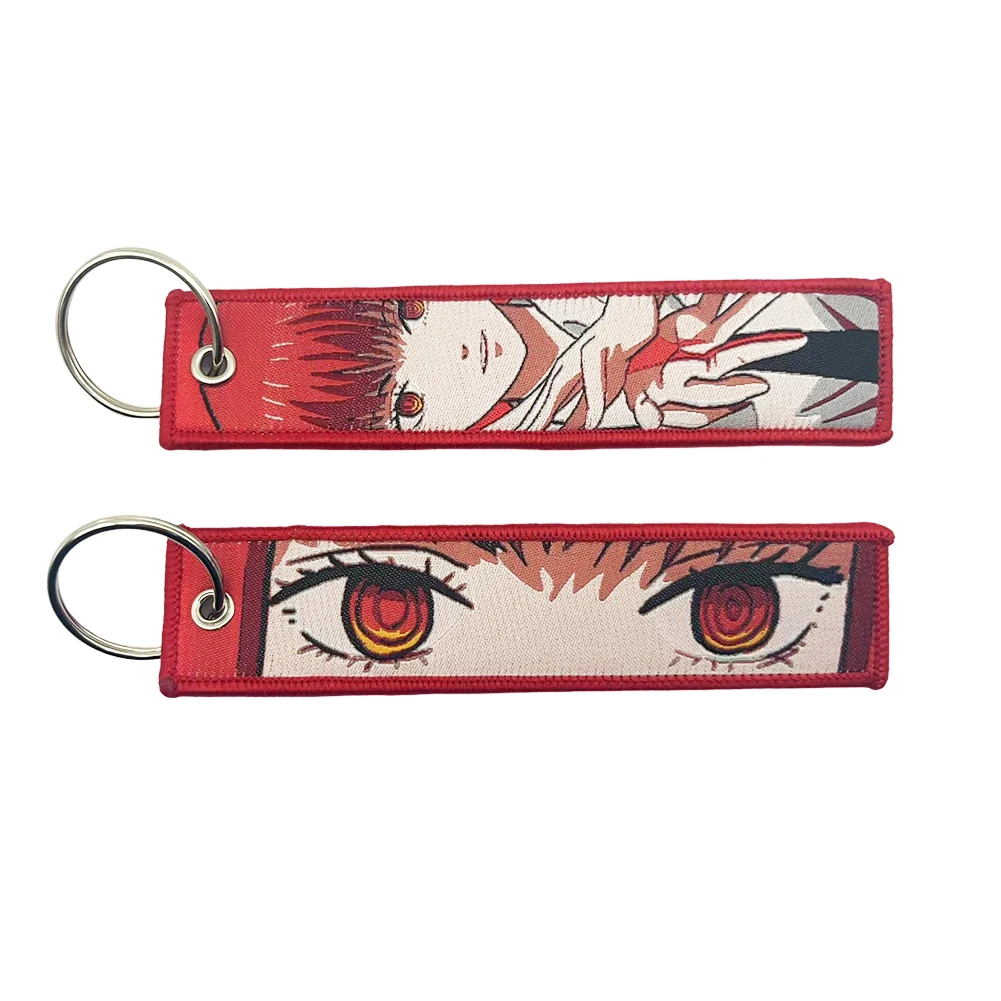 100 Designs High Quality Factory Custom Key Ring Anime Fabric Keyring Satoru Gojo Woven Logo Jet Tag Key Chain Embroidery