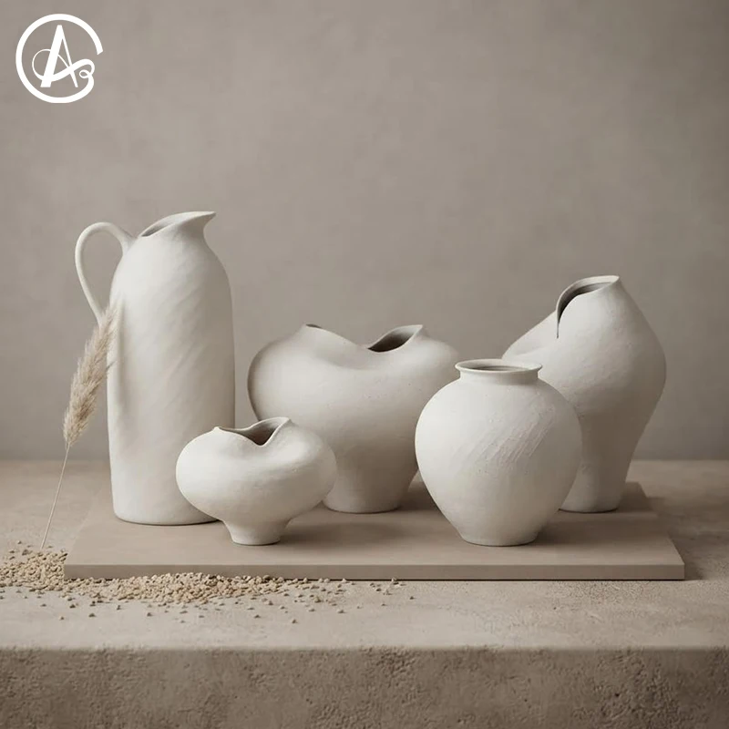 ARM LVG Modern Home Decor Matte Off White Ceramic Vase Set Handmade Irregular Sculptural Flower Container Floral Designer Vessel