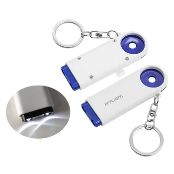 Promotional gift custom logo plastic mini 2 LED keychain light flashlight with token euro coin holder