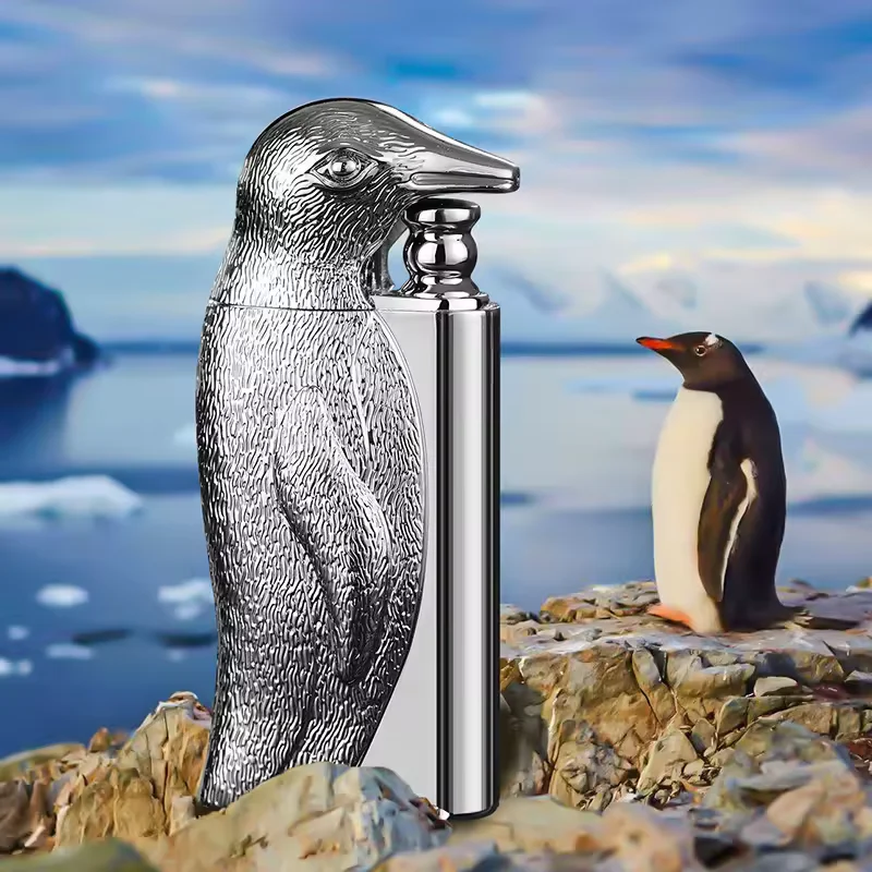 KY Trendy and Fashionable Creative Embossed Penguin Shaped Double Flame Gas Refillable Metal Lighter Custom