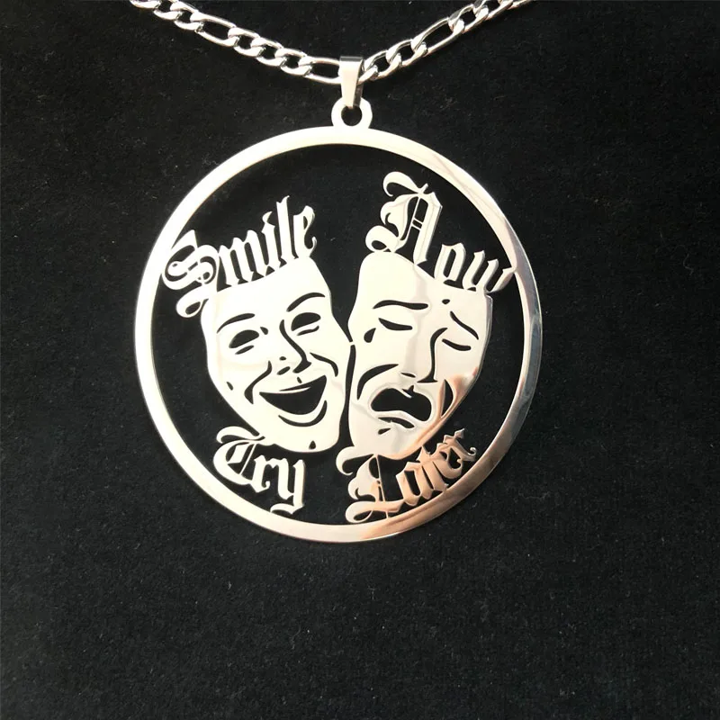 14K Gold Plated Silver Smile Now Cry Later Round Pendant 3mm Cuban Chain  Link Necklace