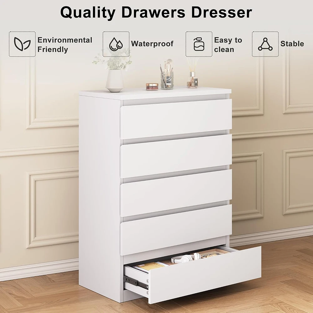 product nu deco white 5 drawer modern wood panel dresser with deep drawers for bedroom living room hallway  entryway storage-5
