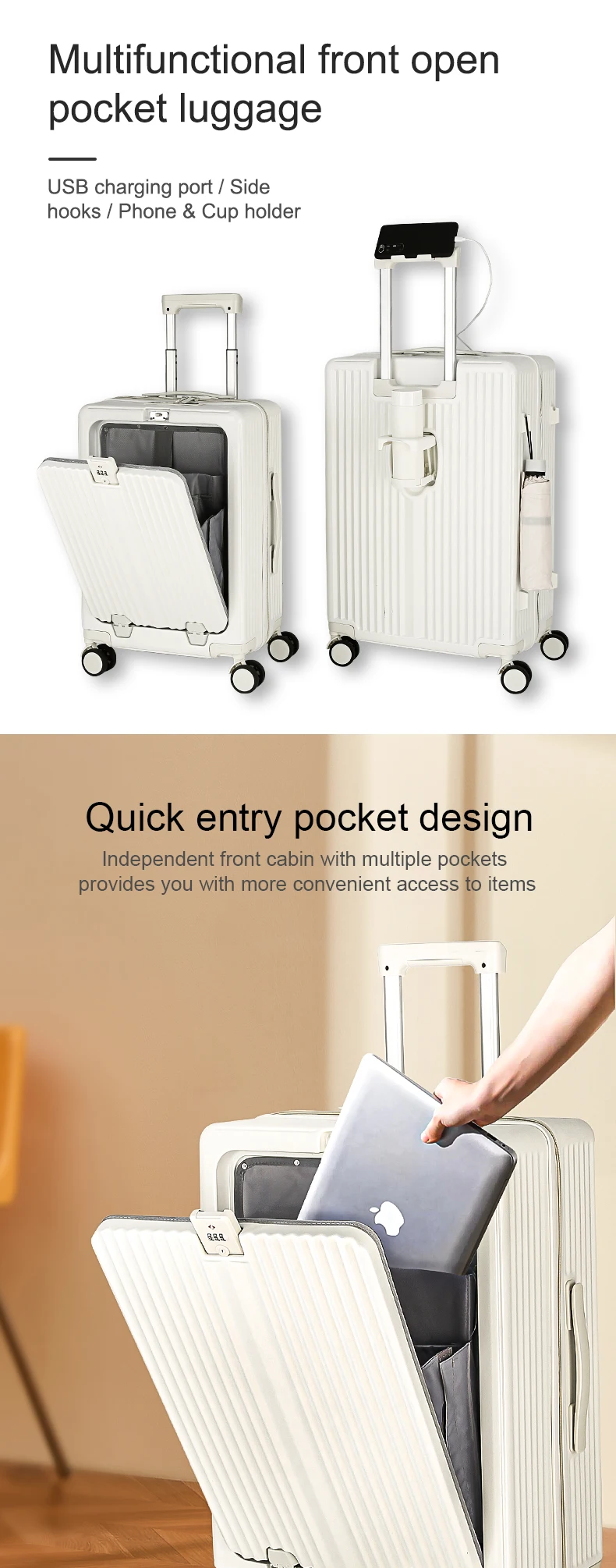 Multifunctional Front Open Laptop Luggage With Cup Holder Usb Charging