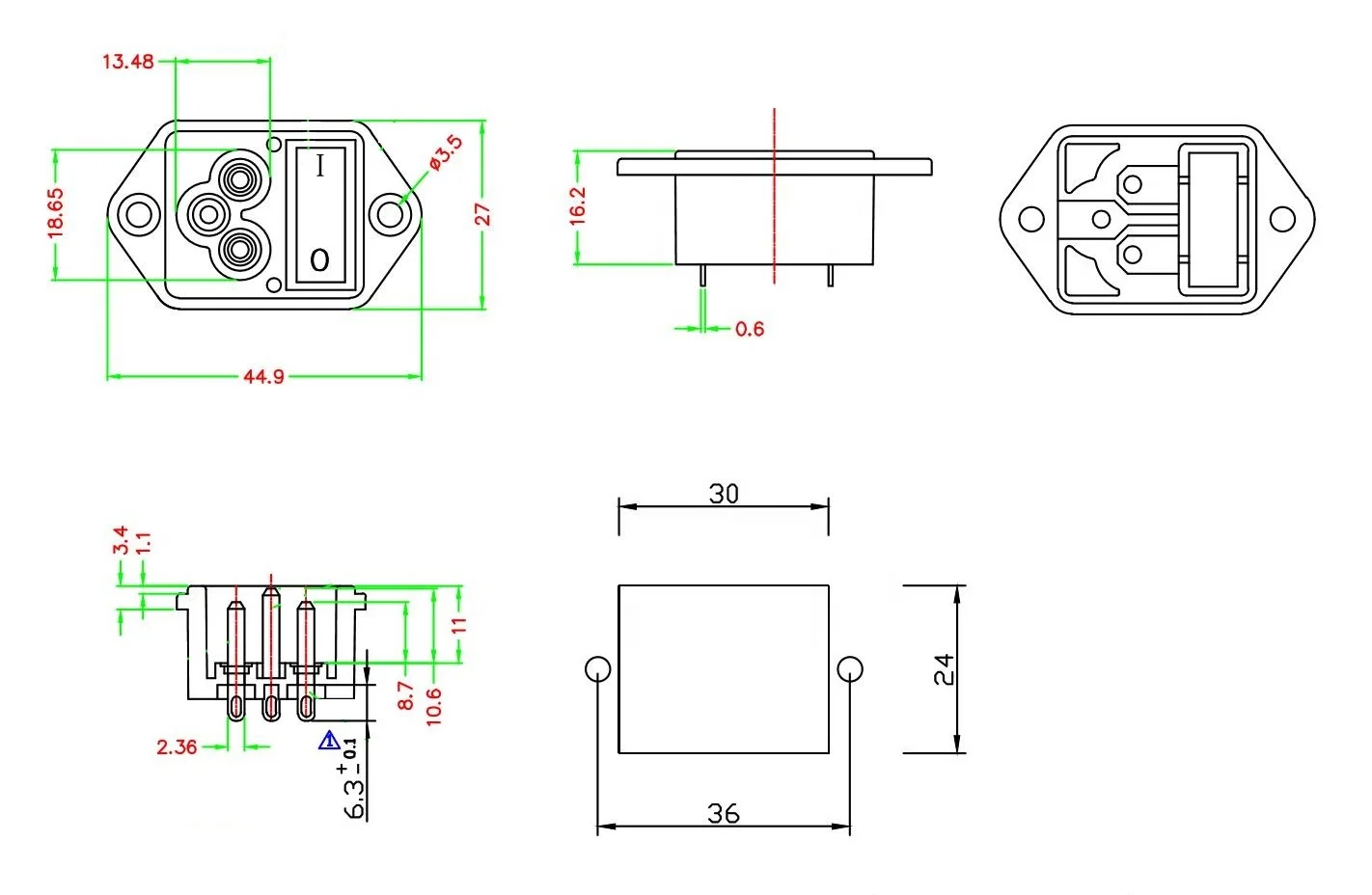 250V AC Power Socket IEC320 C6 3 Pin AC Socket with on OFF 2PIN Rocker Switch IEC AC Connector Outlet