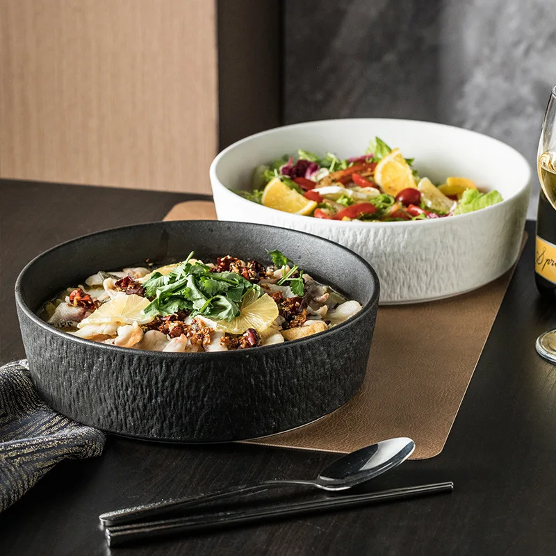 Big Capacity Stoneware Soup Bowl - Rocky Black Deep Ceramic Mixing