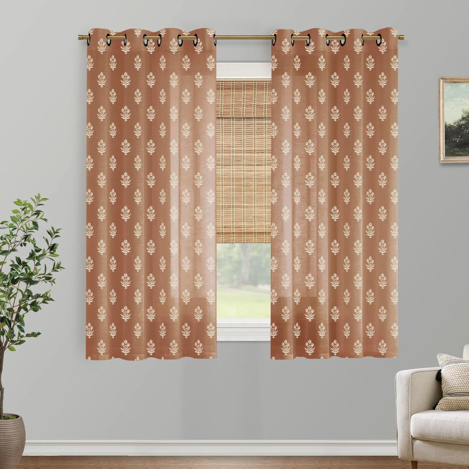 Vintage Floral Rustic Bohemian Terracotta Rust Color Block Print Boho Farmhouse Linen Sheer Curtains for Living Room