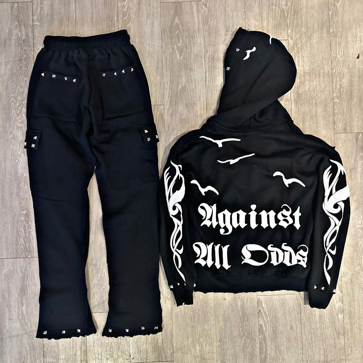 New Casual Street Wear Rhinestone Acid Wash Jogger Tracksuit Cotton Custom Logo Sun Faded Flared Sweatpants Zip Hoodie Set Men gallery 2