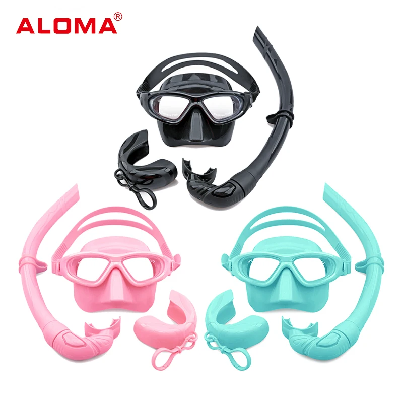 ALOMA 100% Liquid Silicone Free Diving Mask with Light Foldable Open Barrel Tube wet snorkel set for Adults