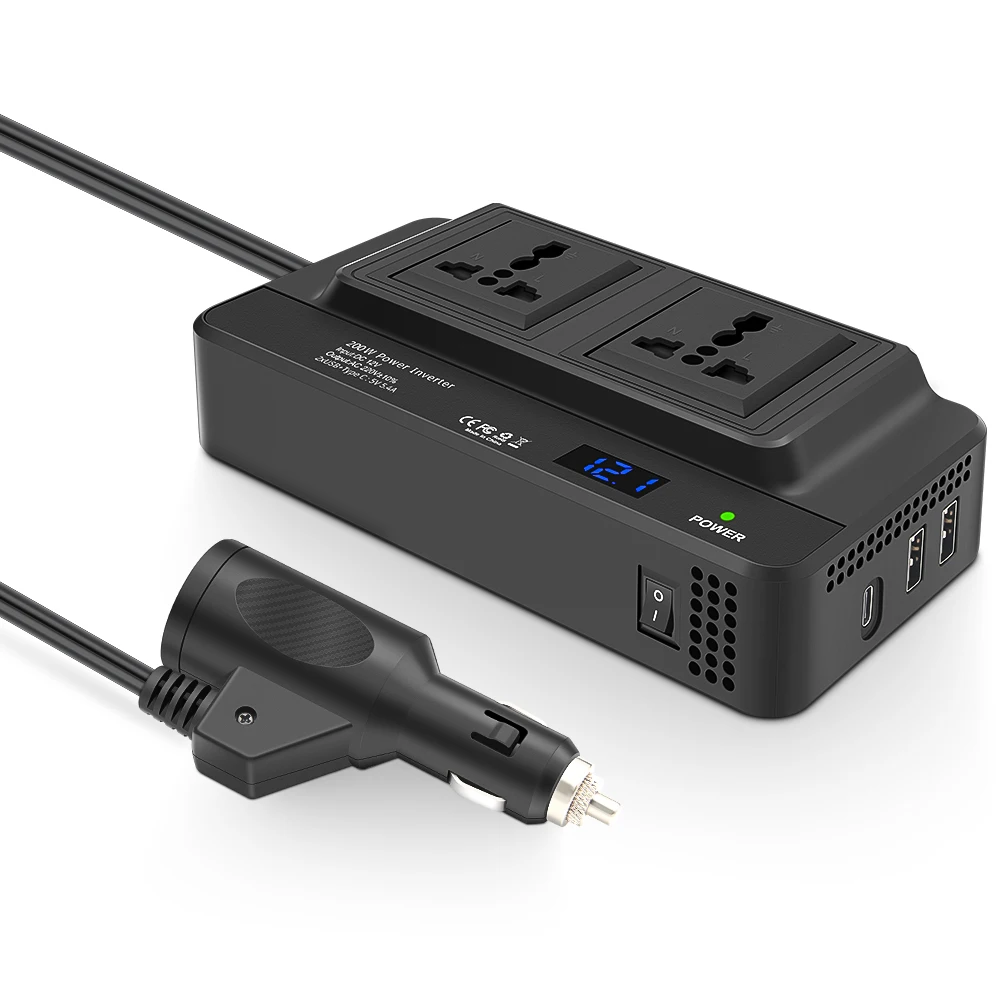 Universal Sockets 2 AC Outlet 2USB Port 1 Type-C QC3.0 Port Modified Sine Wave 200W DC 12V to AC 220V Germany Car Power Inverter