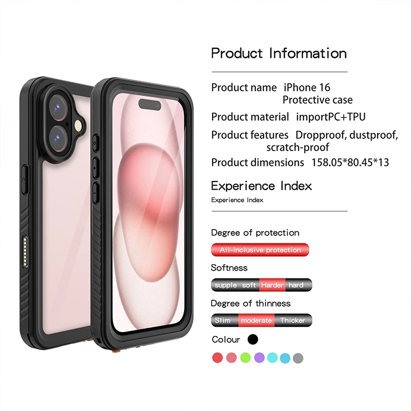 IP68 waterdichte TPU-hoes voor iPhone en 16 Plus, inclusief draagkoord._voghion.com