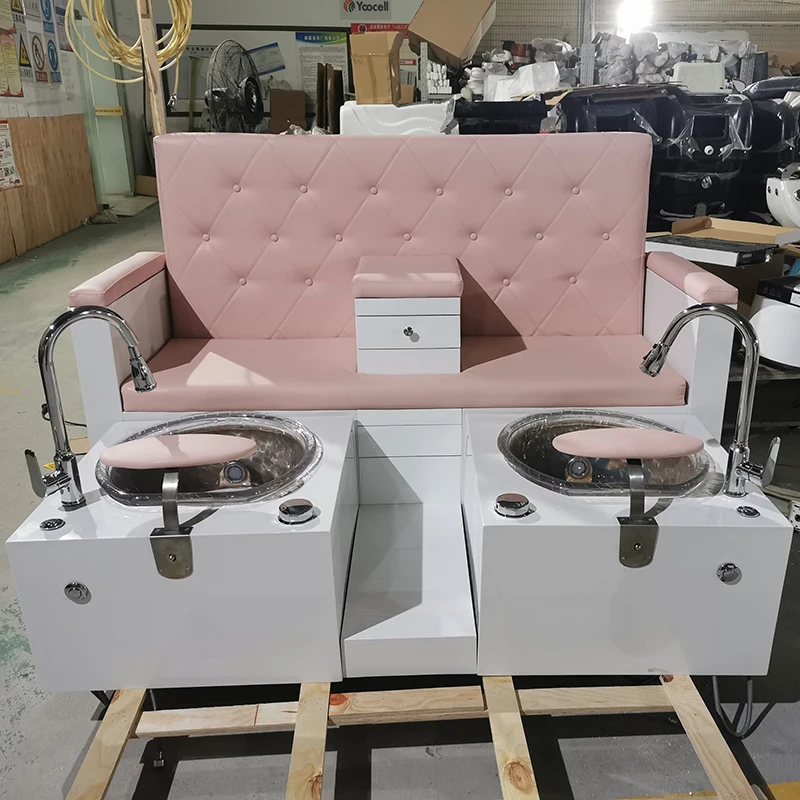New Luxury Pink Tufted Leather Foot Spa Pedicure Chairs Bench Wooden