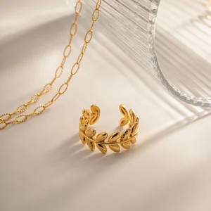 MW Women's Trendy Minimalist 18K Gold-Plated Stainless Steel Leaf Design Waterproof Open Ring Daily Use Jewelry