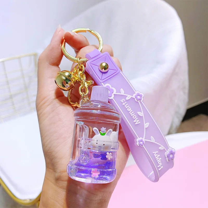 Cute Mini Bucket Lazy Doll Keychain Liquid Drift Bottle Luxury Acrylic Key Chain Car Key Holder Women Bag Pendant Jewelry Gifts