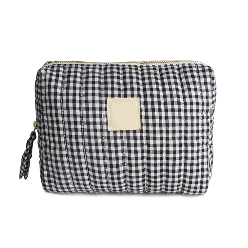 Luxury Striped Makeup Pouch Quilted Cotton Cosmetic Bag Zipper Closure Soft Portable Travel Toiletry Organizer for Women
