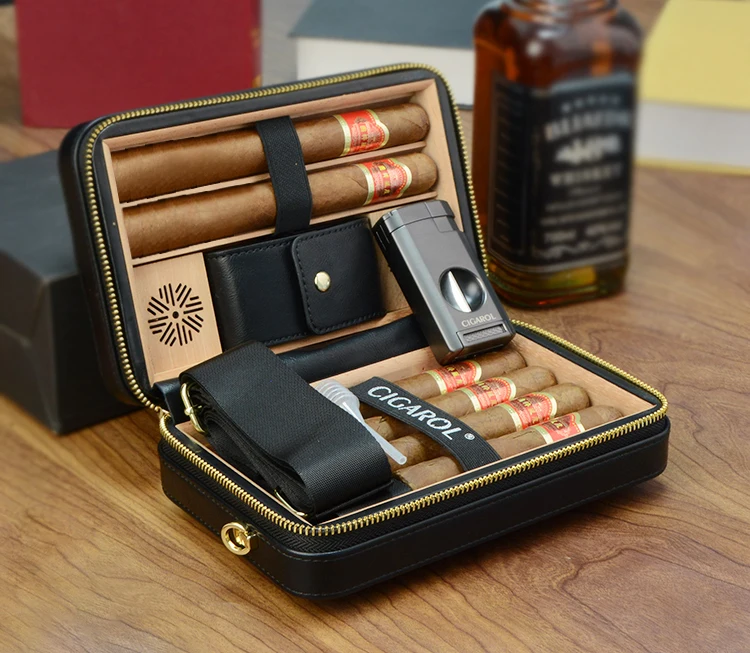 Wholesale Custom Genuine Leather Portable Carring Wood Cigar Humidor ...