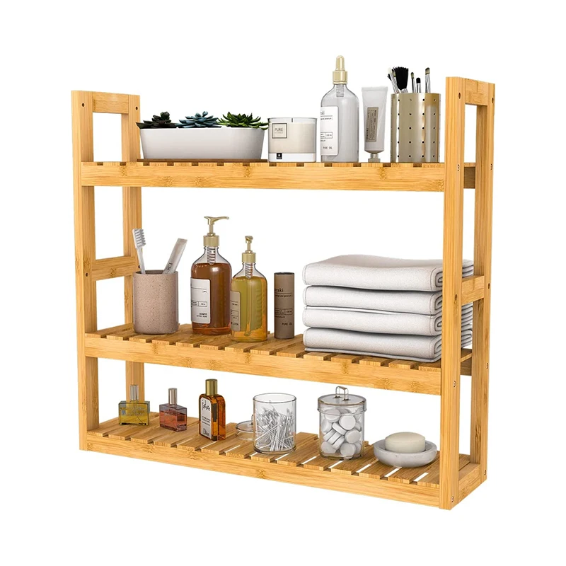 Wall Mount Bamboo Shelf 3 Tier Wall Hanging Vanity Storage Rack Bathroom Organizer Washroom Household Space Saving Accessory