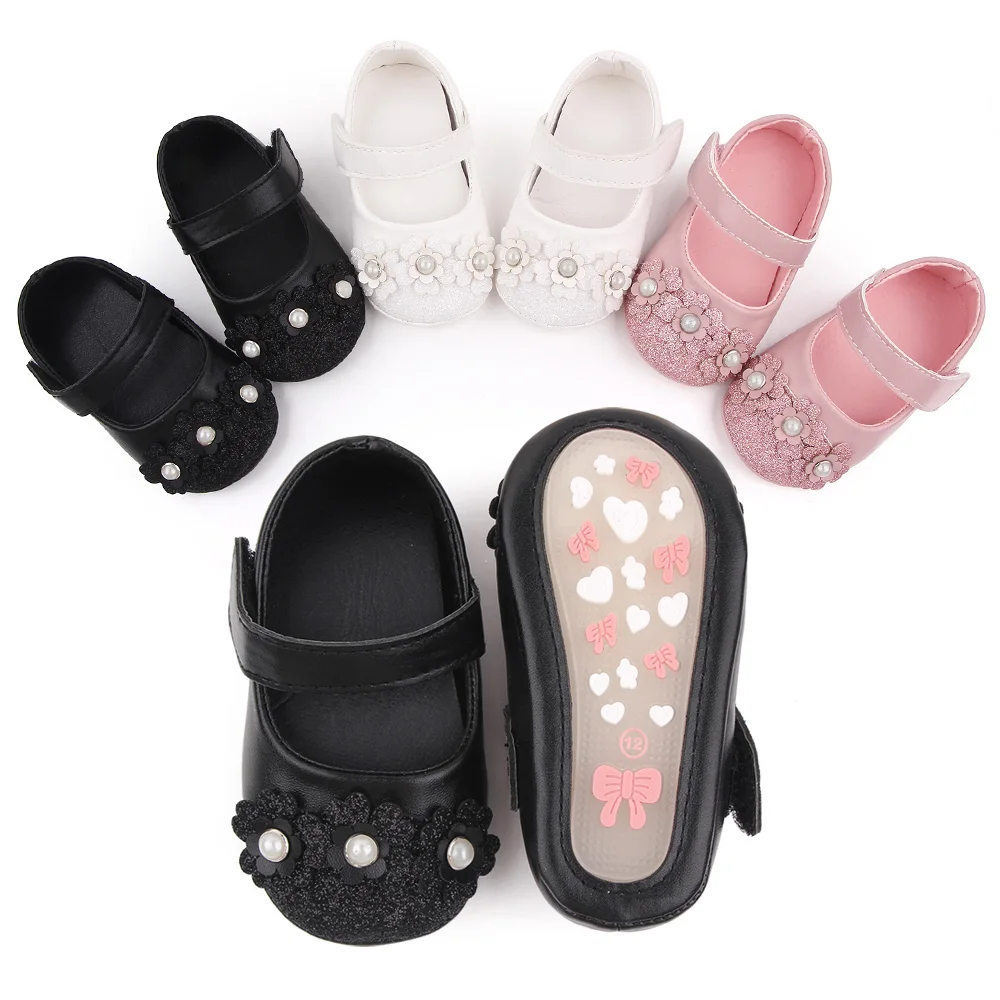 Solid Color PU Leather Glitter Pearl Flower Baby Girls Soft Soled Cute Princess Shoes