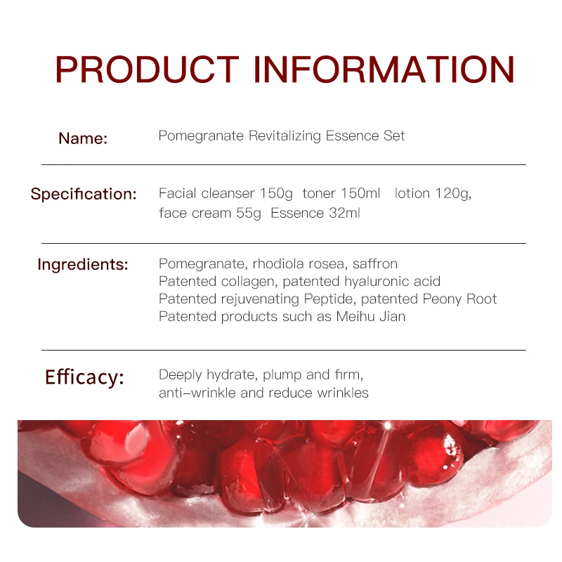 Private Label Skincare Set Pomegranate Radiant Skin Care Kit with Hyaluronic Acid Hydrating and Peptide Anti Wrinkle Ingredients
