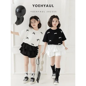 YOEHYAUL CD1207 Summer Big Girls Tshirts Wholesale Beige Black Bows Teenager Toddler Cotton T-shirt T Shirt for Kids