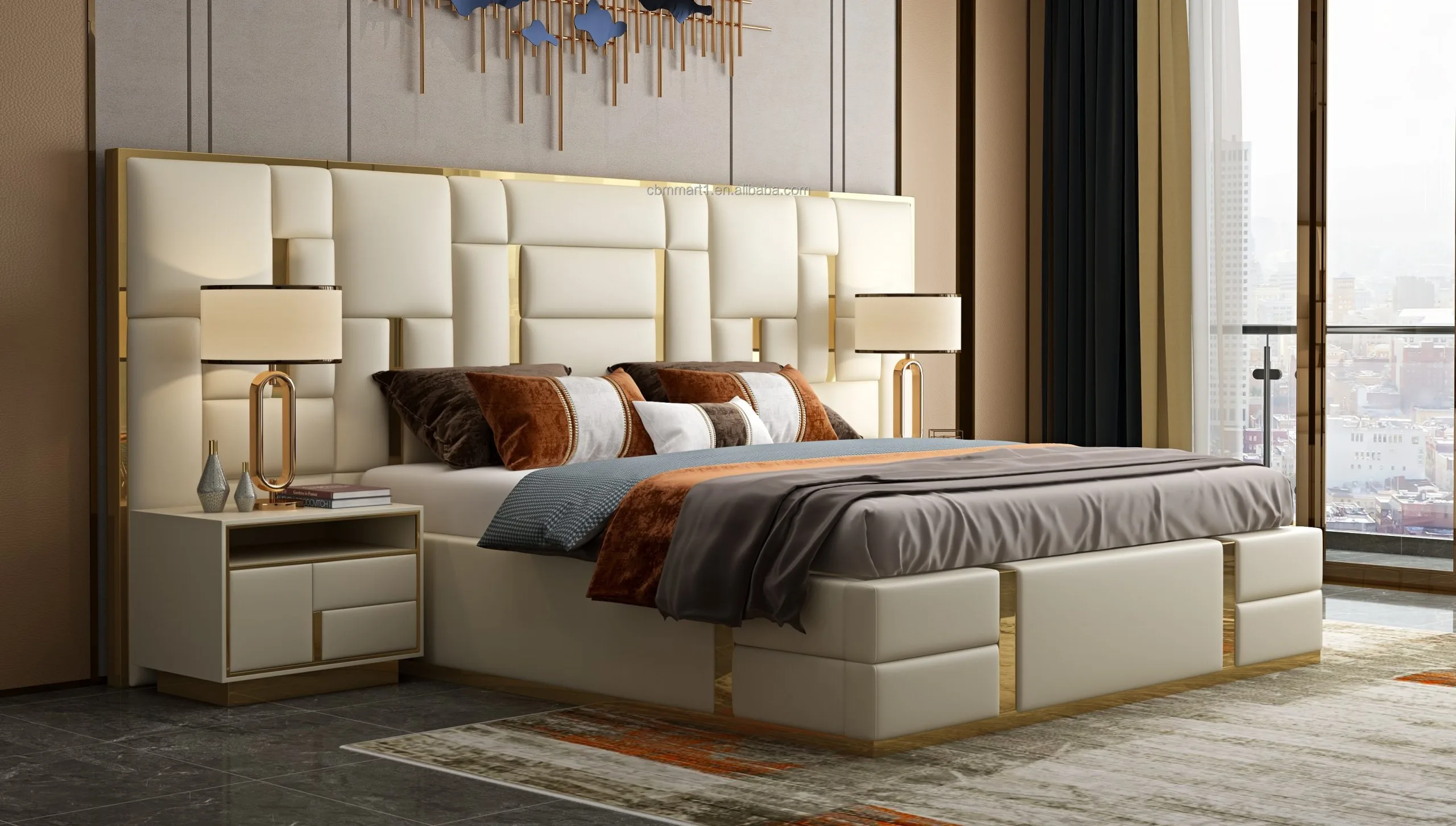 Home Big Headboard Upholstered Leather Bed Italian Style Bedroom ...