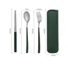 Juego de tres piezas plateado verde oscuro (cuchara + tenedor + palillos + B
