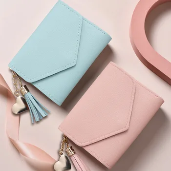 Women's Bohemian Style Three-Fold Wallet Cow Hide Leather Card Bag with Tassels Short PU Lining Cover Closure