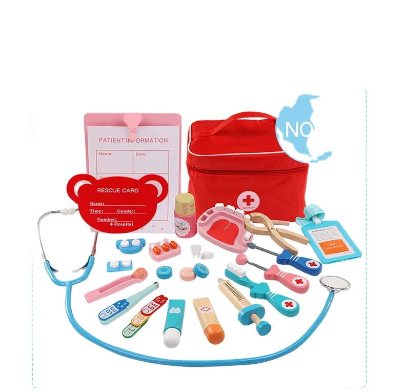 Набор докторских игрушек для детей деревянный комплект ролевых игр девочек и мальчиков красный медицинский стоматологический бокс лекарств тканевые сумки