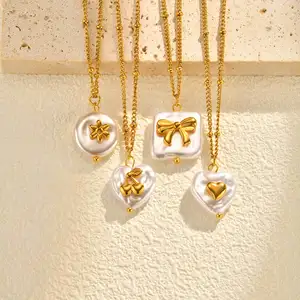 Fine Jewelry Women White Pearl Bowknot Charm Necklaces Stainless Steel Gold-Plated Heart Love Pendant Necklace
