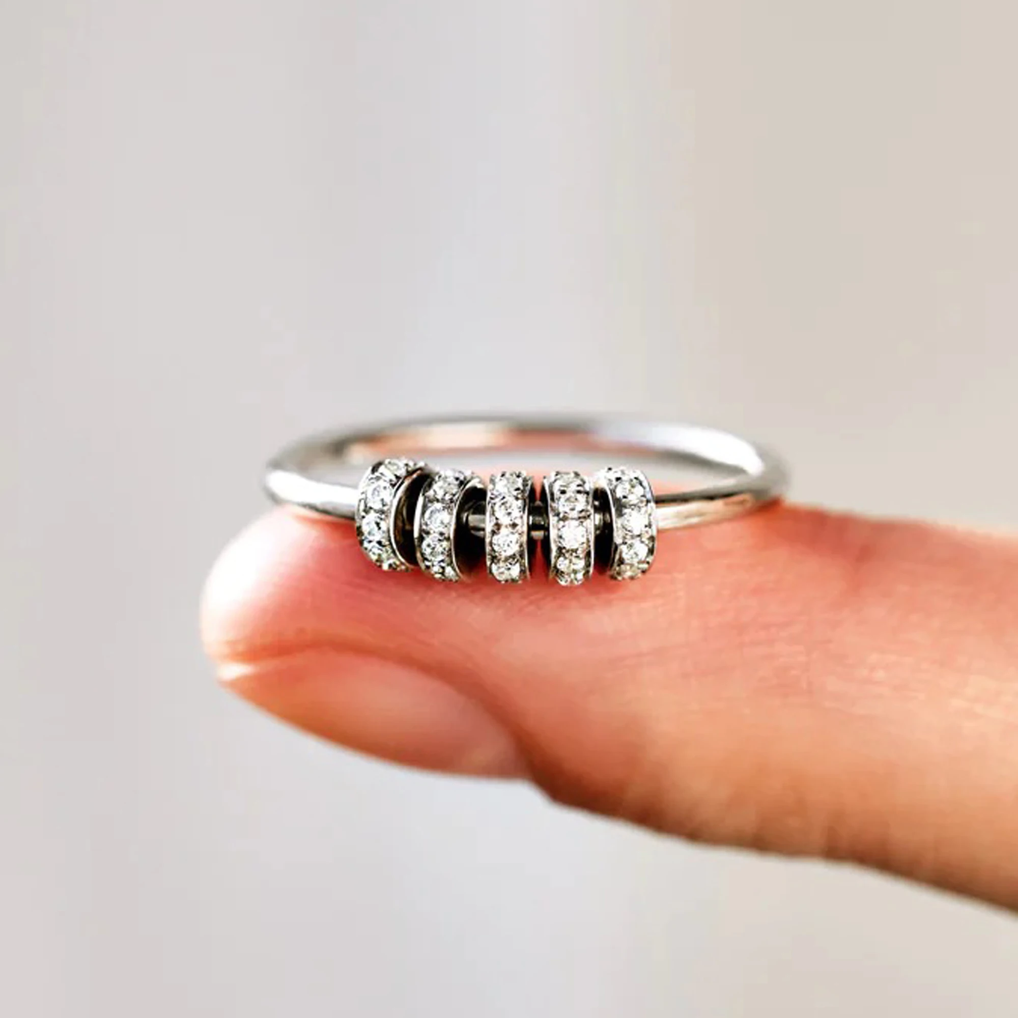 925 Sterling Silver Women Fingers Beautiful Color Zircon Spinner Ring Rotary Anxiety Ring