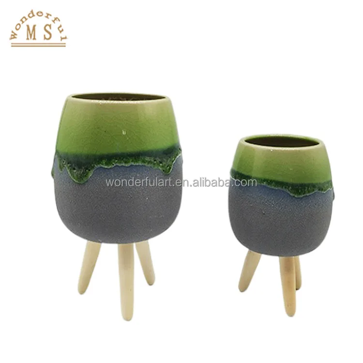 Porcelain Home Decor Flower Vase handicraft succulent Ceramic three-feet bottle Three-legged flowerpot with wooden holder