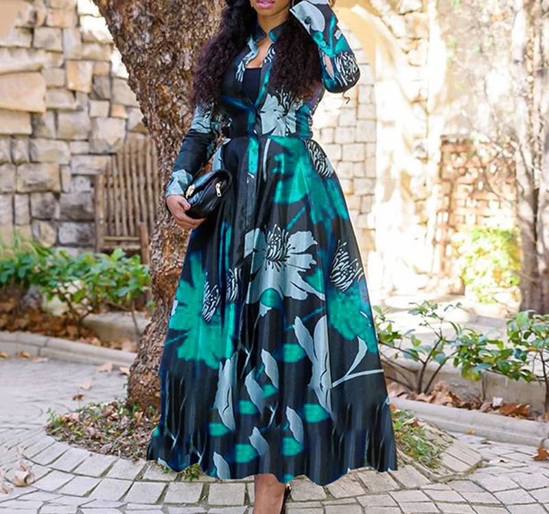 2025 Ebay Wish New Arrivals Women Long Sleeve Printed Dress A-Line Floral  Tropical Maxi Dress