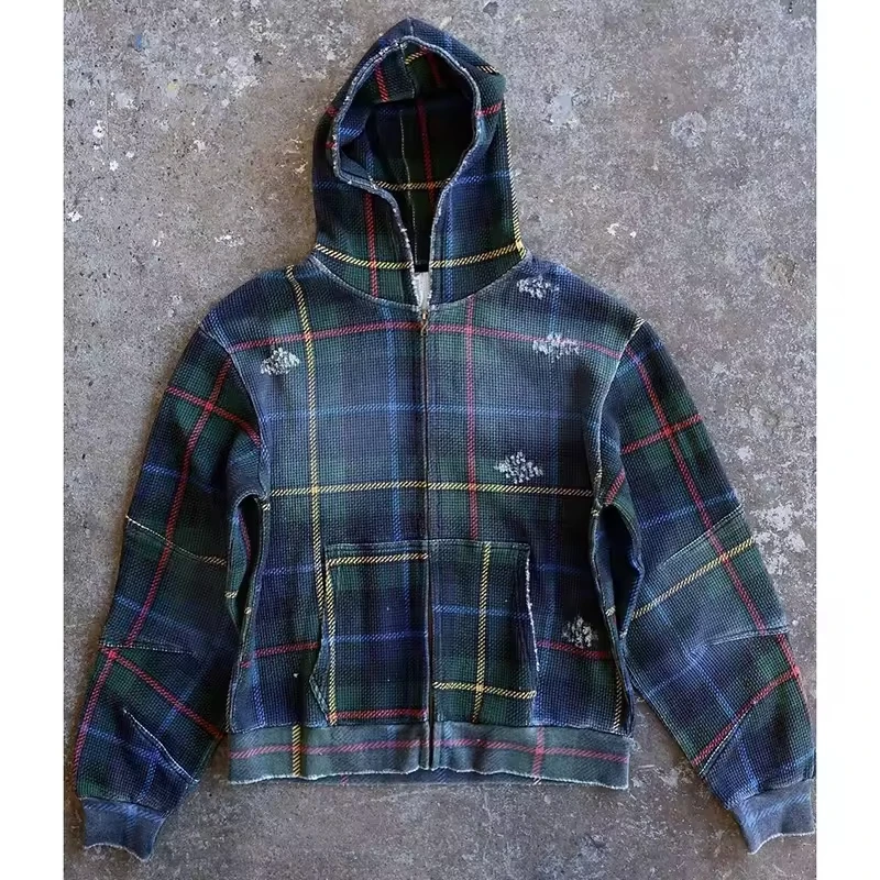 Salati Wholesale Custom Zip up Jacket Heavyweight Cotton Acid Wash Distressed Waffle Knit Plaid Flannel Hoodie for Men gallery 7
