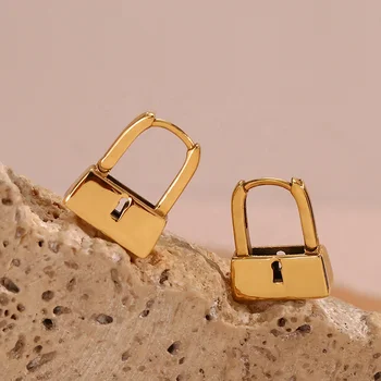 Minimalist 18K Gold Plated Lock Shape Huggies Hoop Earring Stainless Steel Earring Women Jewelry