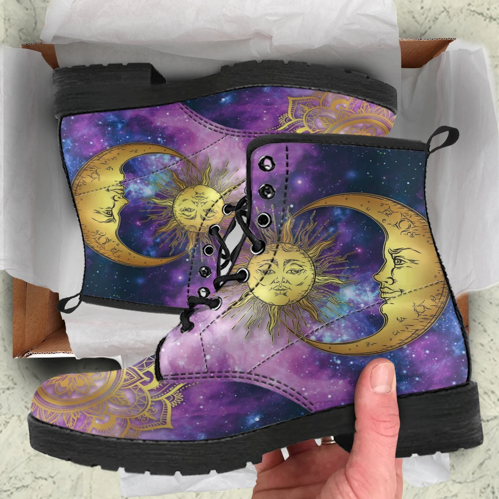 Purple Sun Moon Mandala Womens Boots Vegan Leather 