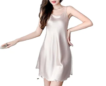 Women's 100% Satin Nightgown Sleepwear Custom Logo XL Sleep Dress Plain Print Summer and Spring Silk Nightie