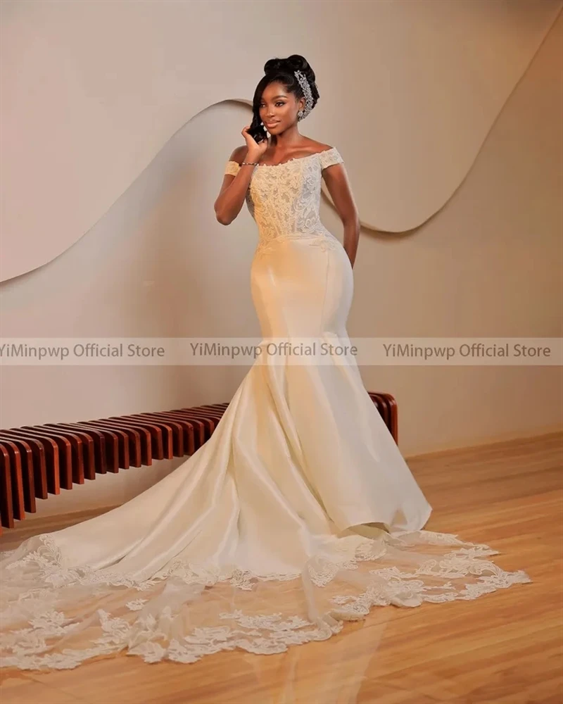 African Satin Mermaid Wedding Dresses for Bride Off Shoulder Lace Garden Beach Summer Plus Size Bridal Wedding Gowns Customized