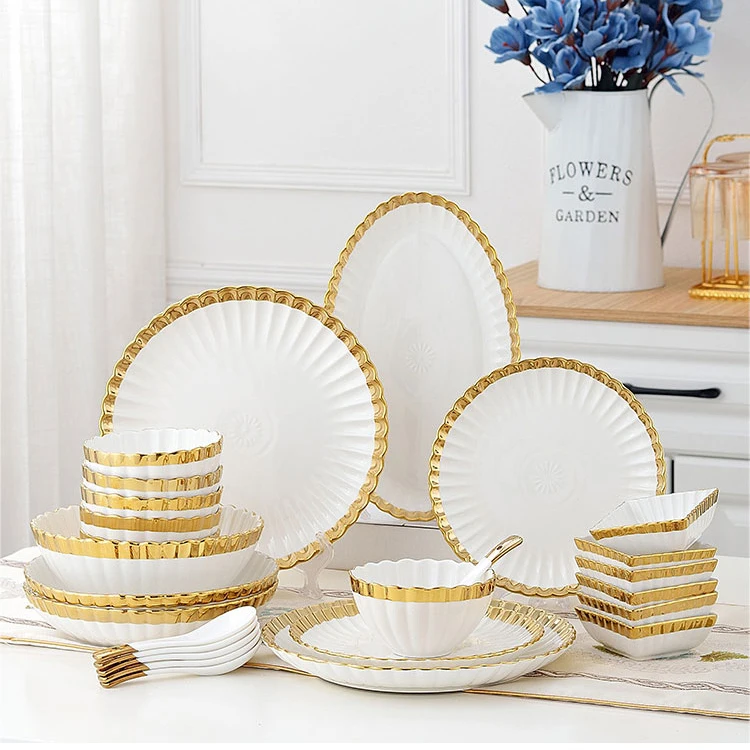 Highend Kitchen Tableware Ceramic Bowl Plates Sets Nordic White Gold