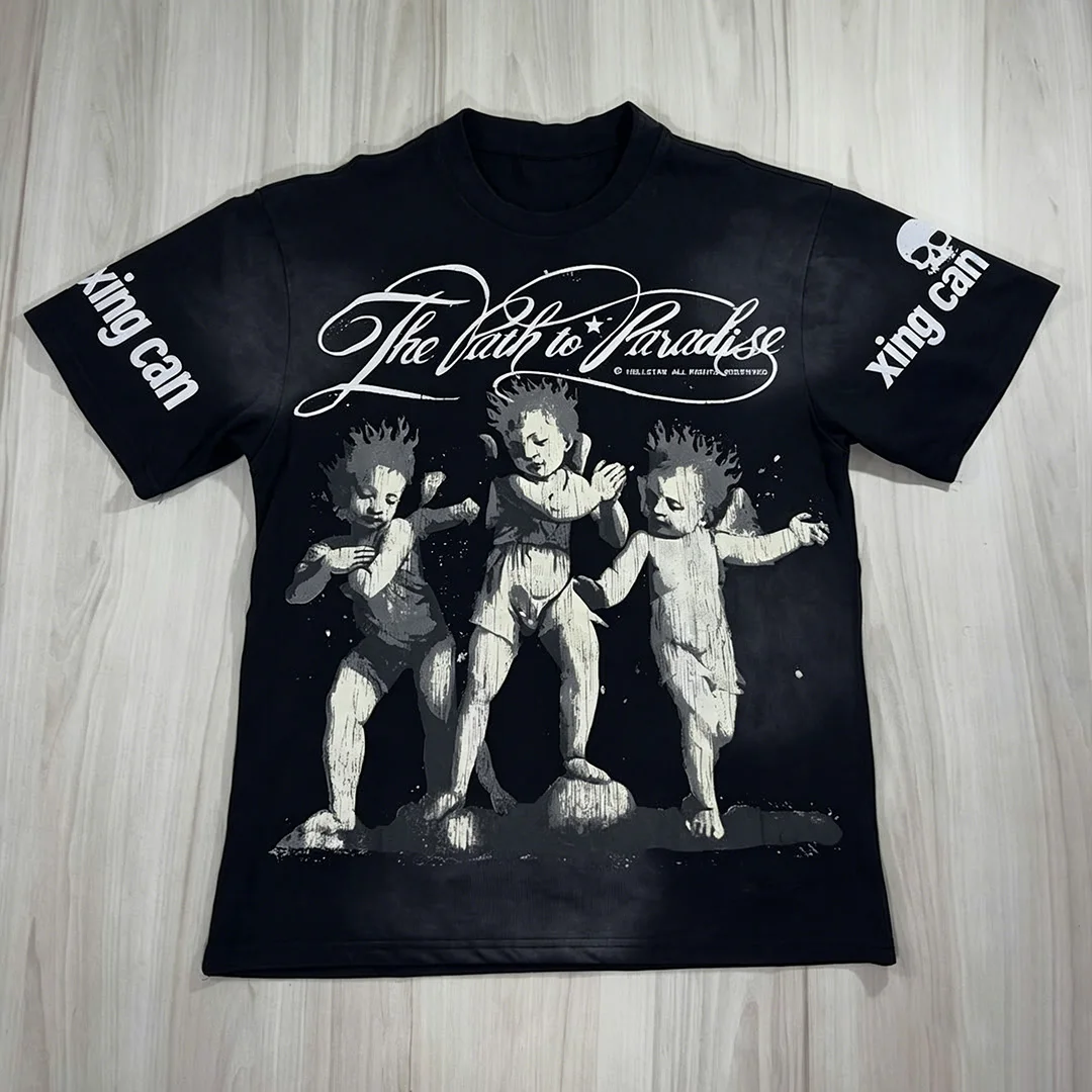 Męski niestandardowy bawełniany (100%) klasyczny T-shirt z okrągłym dekoltem w stylu vintage, retro, uliczny, ciężki, z drukowaniem DTG (Direct-to-Garment), jednolity kolor